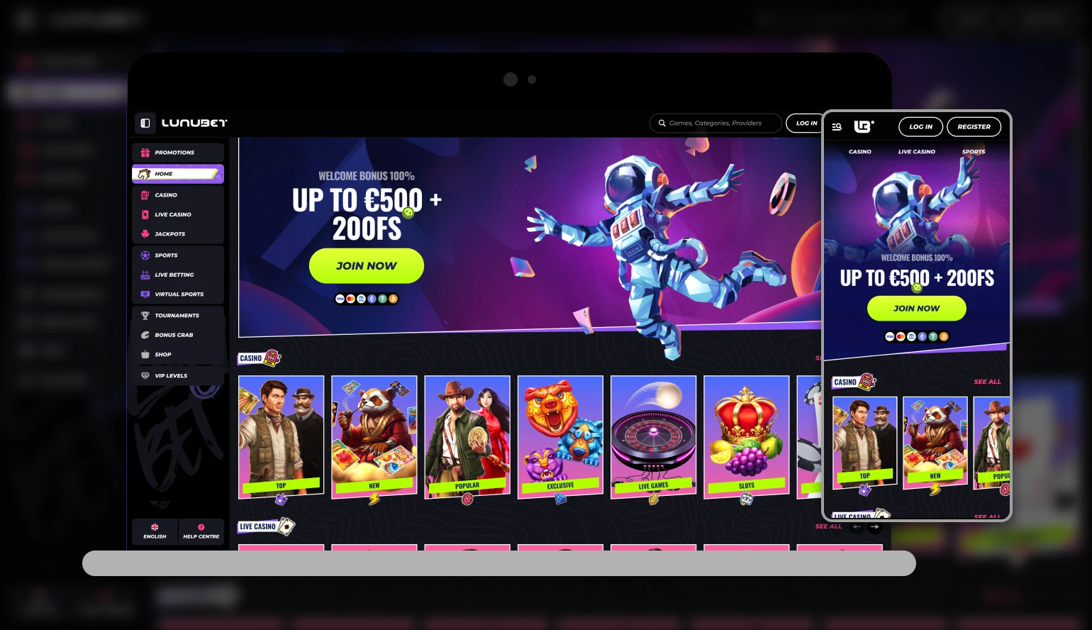 Capture d'écran de l'app LunuBet Casino